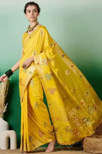 Yellow ethnic motif zari woven kanjeevaram saree with blouse