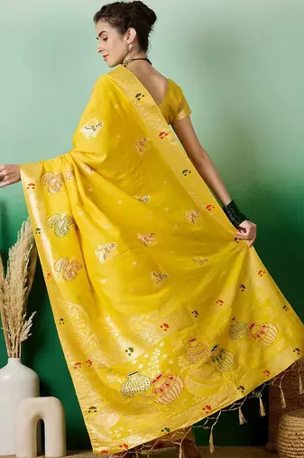 Yellow ethnic motif zari woven kanjeevaram saree with blouse