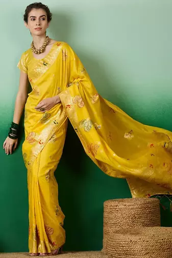 Yellow ethnic motif zari woven kanjeevaram saree with blouse