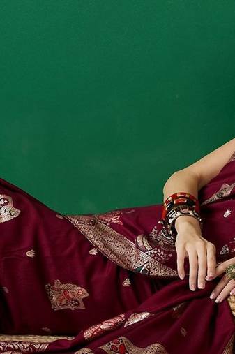 Burgundy ethnic motif zari woven tassel detail kanjeevaram saree with blouse