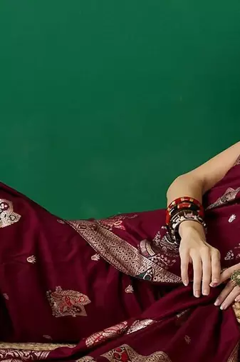 Burgundy ethnic motif zari woven tassel detail kanjeevaram saree with blouse