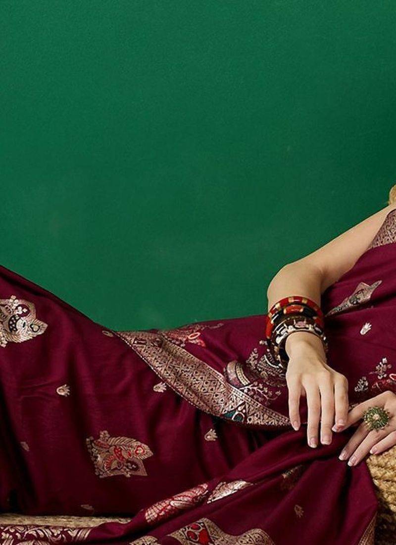 Burgundy ethnic motif zari woven tassel detail kanjeevaram saree with blouse