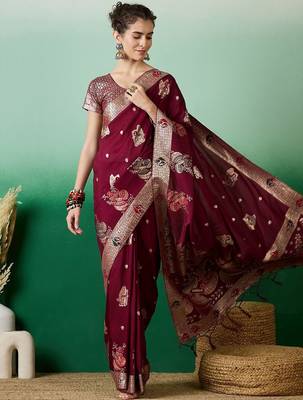 Burgundy ethnic motif zari woven tassel detail kanjeevaram saree with blouse 2