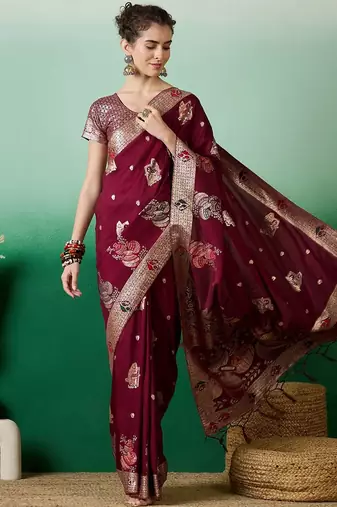 Burgundy ethnic motif zari woven tassel detail kanjeevaram saree with blouse