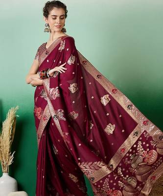 Burgundy ethnic motif zari woven tassel detail kanjeevaram saree with blouse 3