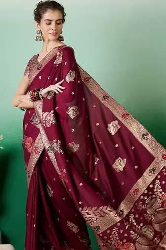 Burgundy ethnic motif zari woven tassel detail kanjeevaram saree with blouse