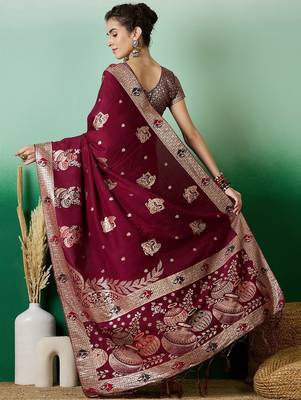Burgundy ethnic motif zari woven tassel detail kanjeevaram saree with blouse 4