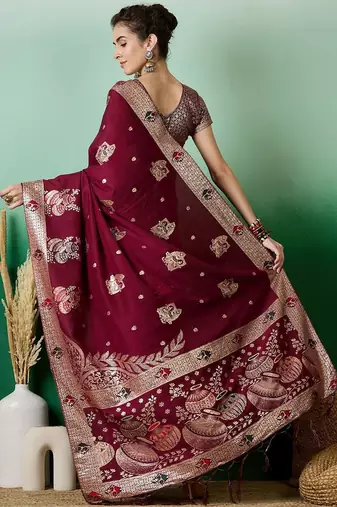 Burgundy ethnic motif zari woven tassel detail kanjeevaram saree with blouse
