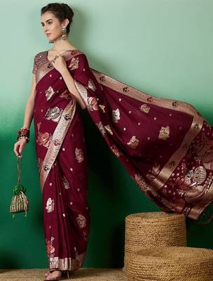 Burgundy ethnic motif zari woven tassel detail kanjeevaram saree with blouse 5