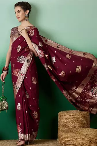 Burgundy ethnic motif zari woven tassel detail kanjeevaram saree with blouse
