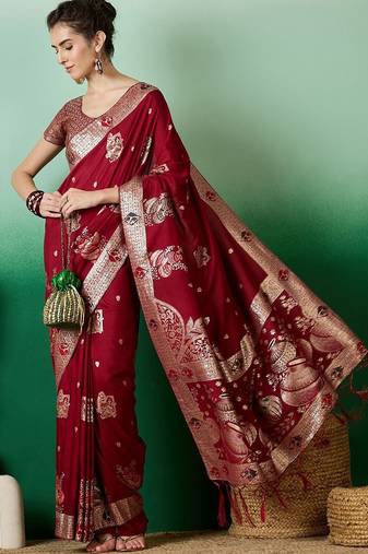 Maroon ethnic motif zari woven tassel detail kanjeevaram saree