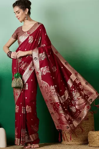 Maroon ethnic motif zari woven tassel detail kanjeevaram saree