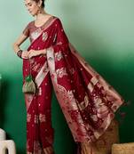 Maroon ethnic motif zari woven tassel detail kanjeevaram saree