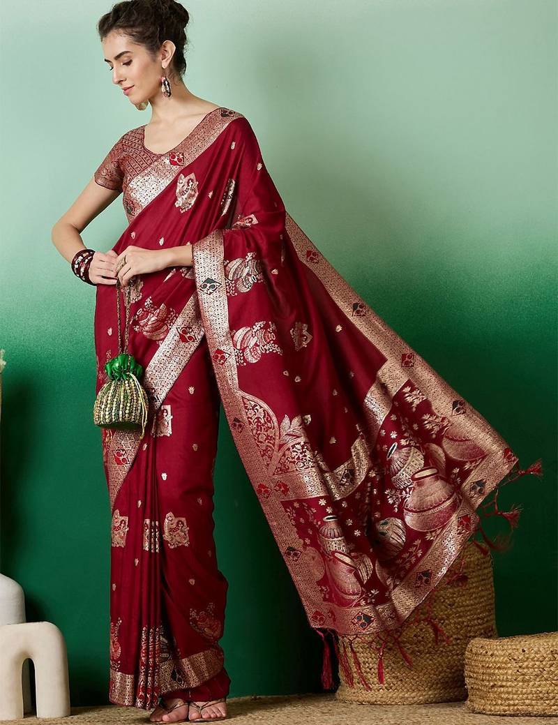 Maroon ethnic motif zari woven tassel detail kanjeevaram saree