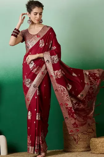 Maroon ethnic motif zari woven tassel detail kanjeevaram saree
