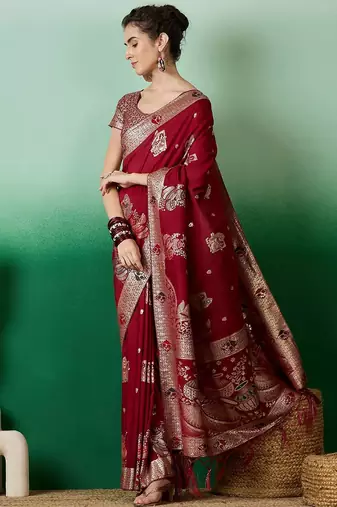 Maroon ethnic motif zari woven tassel detail kanjeevaram saree