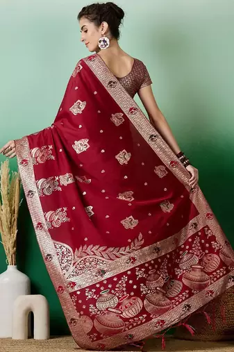 Maroon ethnic motif zari woven tassel detail kanjeevaram saree