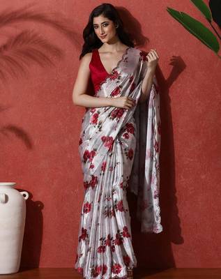 Grey embellished satin floral digital printed saree 1