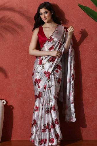 Grey embellished satin floral digital printed saree