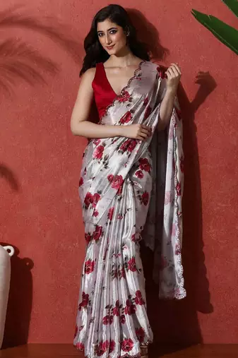 Grey embellished satin floral digital printed saree