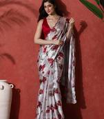 Grey embellished satin floral digital printed saree