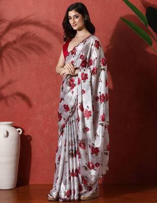Grey embellished satin floral digital printed saree 2