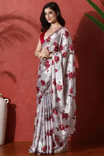 Grey embellished satin floral digital printed saree
