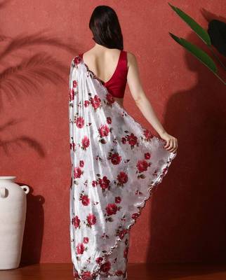 Grey embellished satin floral digital printed saree 3