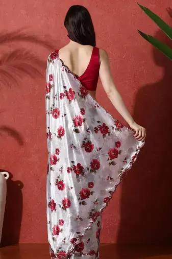 Grey embellished satin floral digital printed saree