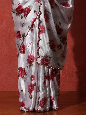 Grey embellished satin floral digital printed saree 5