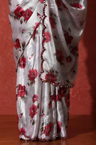 Grey embellished satin floral digital printed saree
