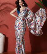 White embellished satin floral digital printed saree