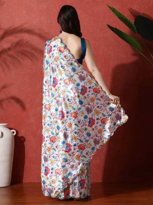 White embellished satin floral digital printed saree 3