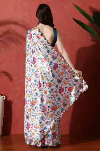 White embellished satin floral digital printed saree
