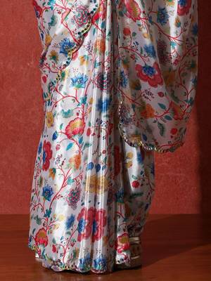 White embellished satin floral digital printed saree 5