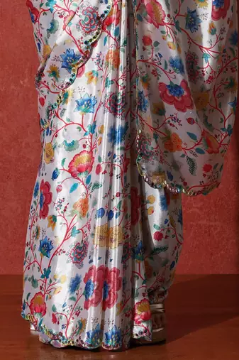 White embellished satin floral digital printed saree