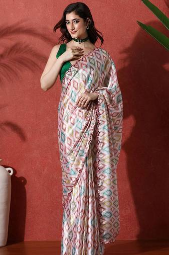 Grey embellished satin floral digital printed saree