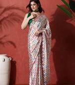 Grey embellished satin floral digital printed saree