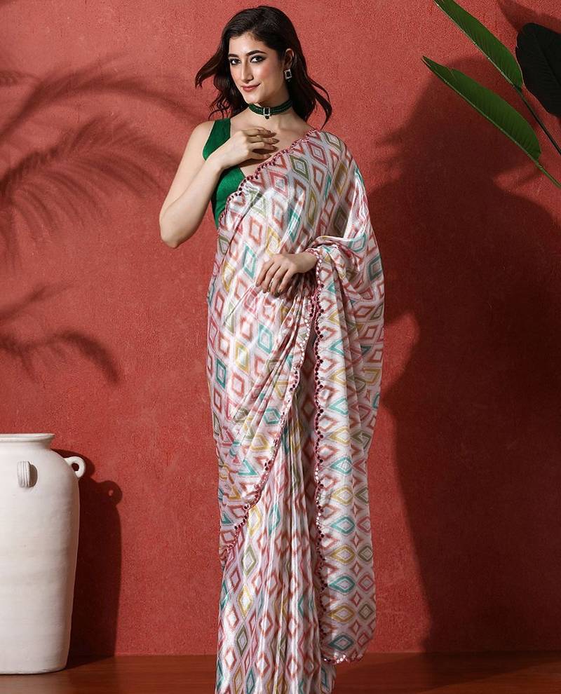 Grey embellished satin floral digital printed saree