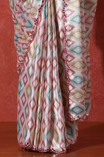 Grey embellished satin floral digital printed saree