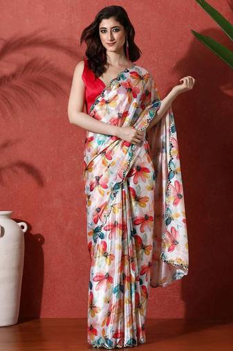 White embellished satin floral digital printed saree