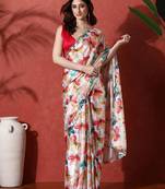 White embellished satin floral digital printed saree