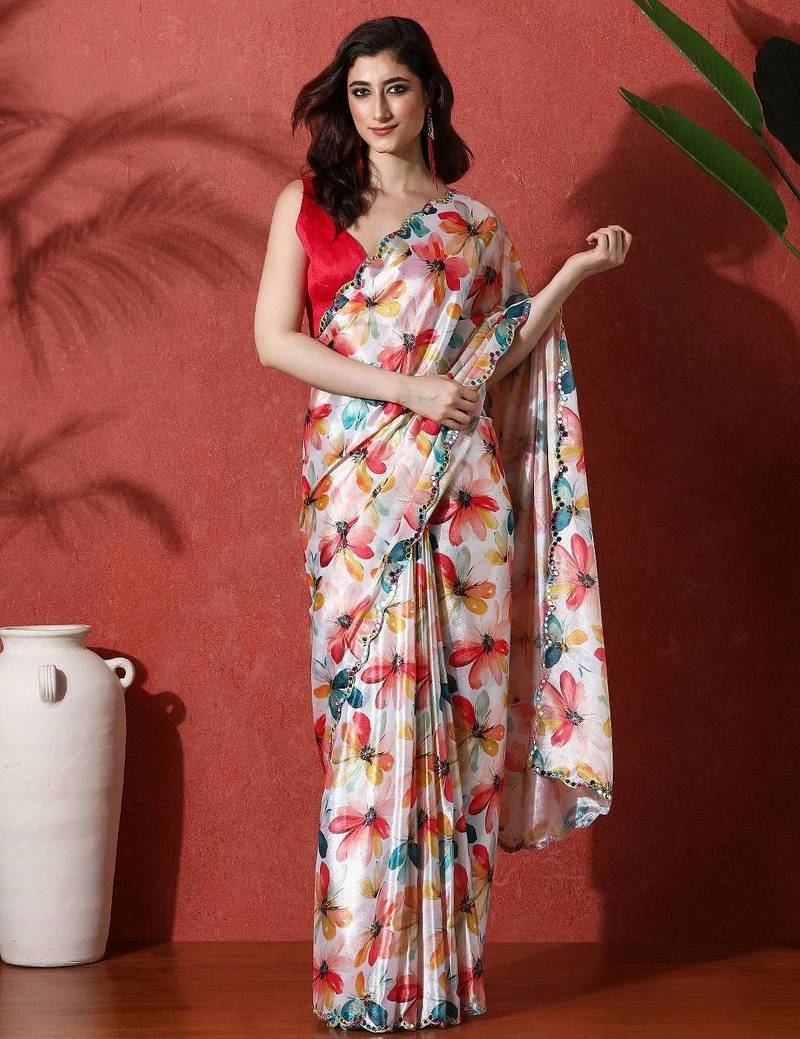 White embellished satin floral digital printed saree