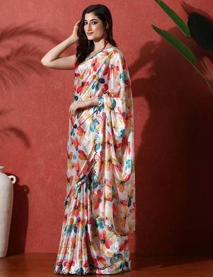 White embellished satin floral digital printed saree 2