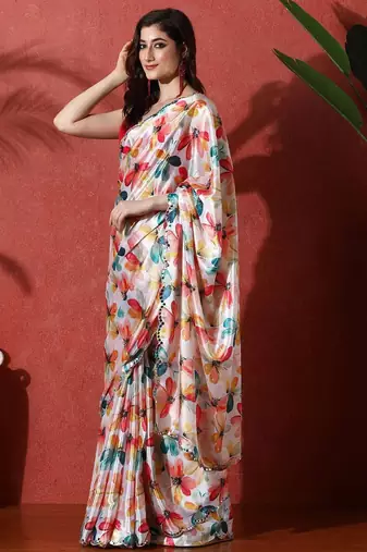 White embellished satin floral digital printed saree