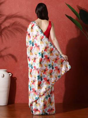 White embellished satin floral digital printed saree 3