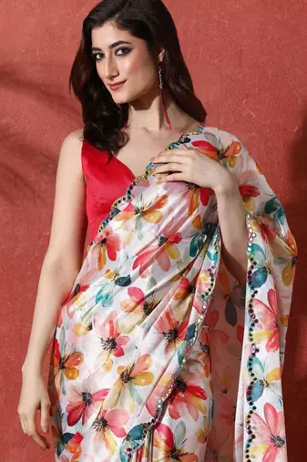 White embellished satin floral digital printed saree