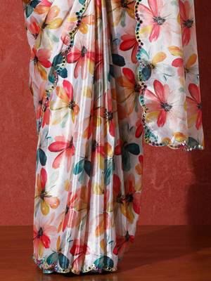 White embellished satin floral digital printed saree 5