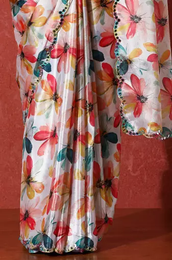 White embellished satin floral digital printed saree
