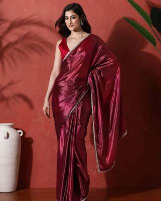 Maroon embroidered satin floral digital printed saree 1